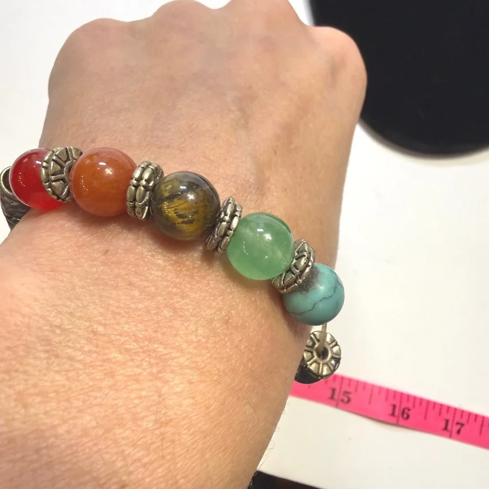 Chakra Bead Stretch Bracelet Silver Heart Charm Natural Stone Healing Jewelry
